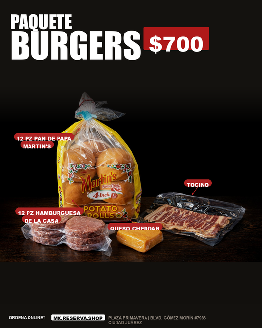 Paquete Burgers 00 - 12 pz hamburguesa, tocino, queso cheddar, pan Martin's